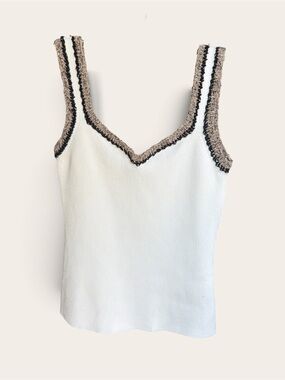 COMMENSE Contrast Stitch Ribbed Knit Tank Top | Sweetheart Neck | White | Size X